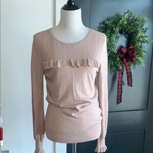 White House black market M blush Pink metallic Ruffle Knit Sweater
